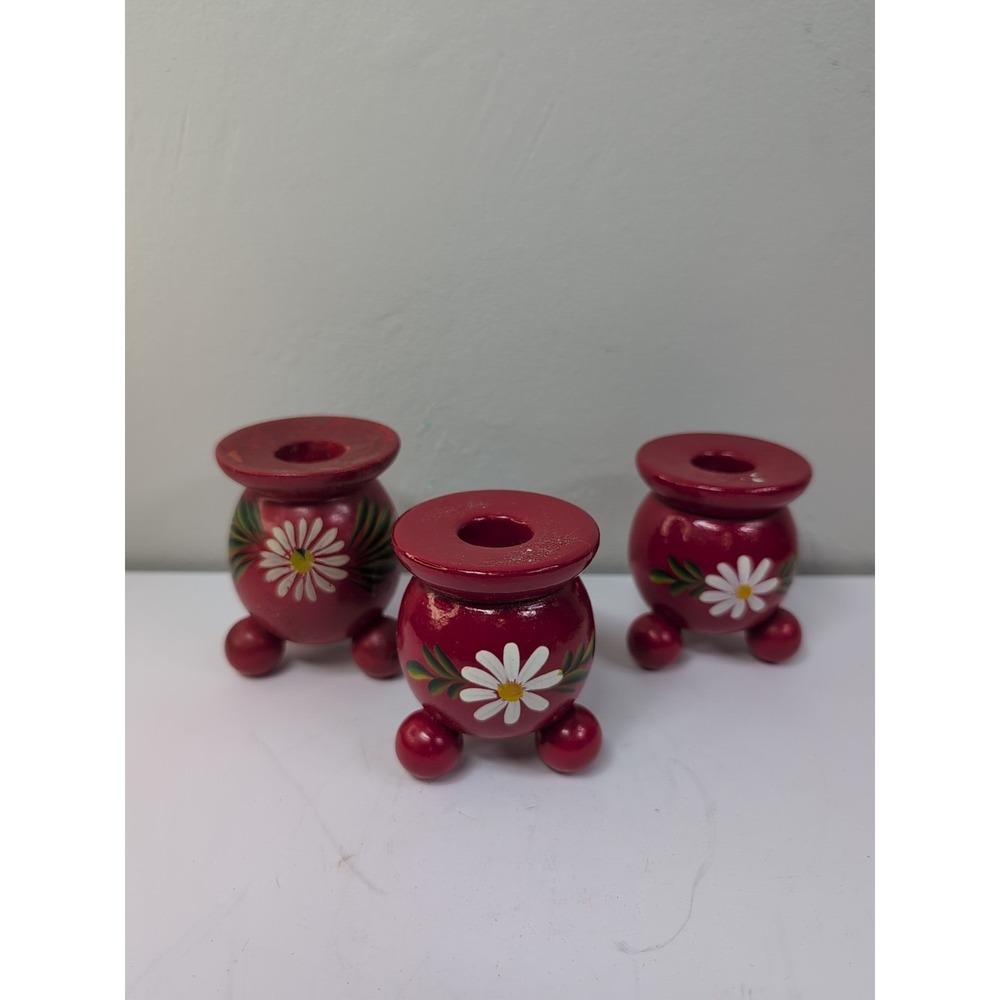 3 Scandinavian Sweden/Norway Red Ball w/ Flower Design Wooden Candlesticks